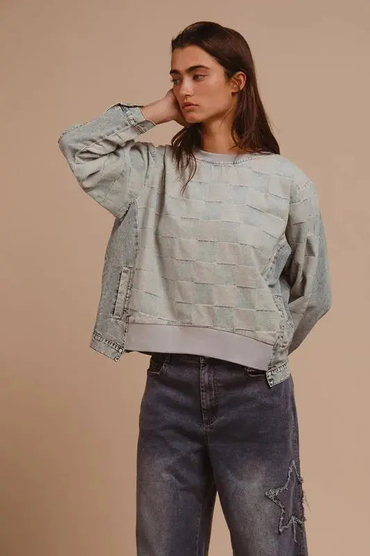 Women's Denim Top Denim Top - Mineral Washed Checkered - Casual Round Neck