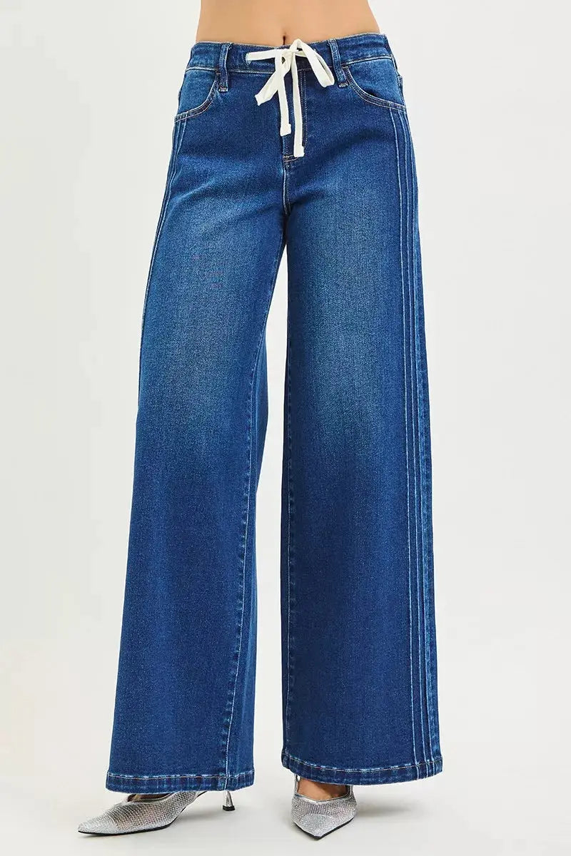 RISEN Jeans - Full Size Mid Rise Wide Side Pintuck Jeans with Front Drawstring