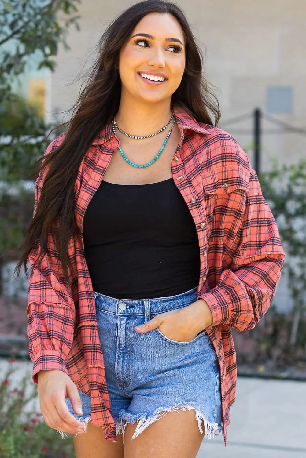 Love Salve Red Plaid Western Shirt — Distressed Cotton Top