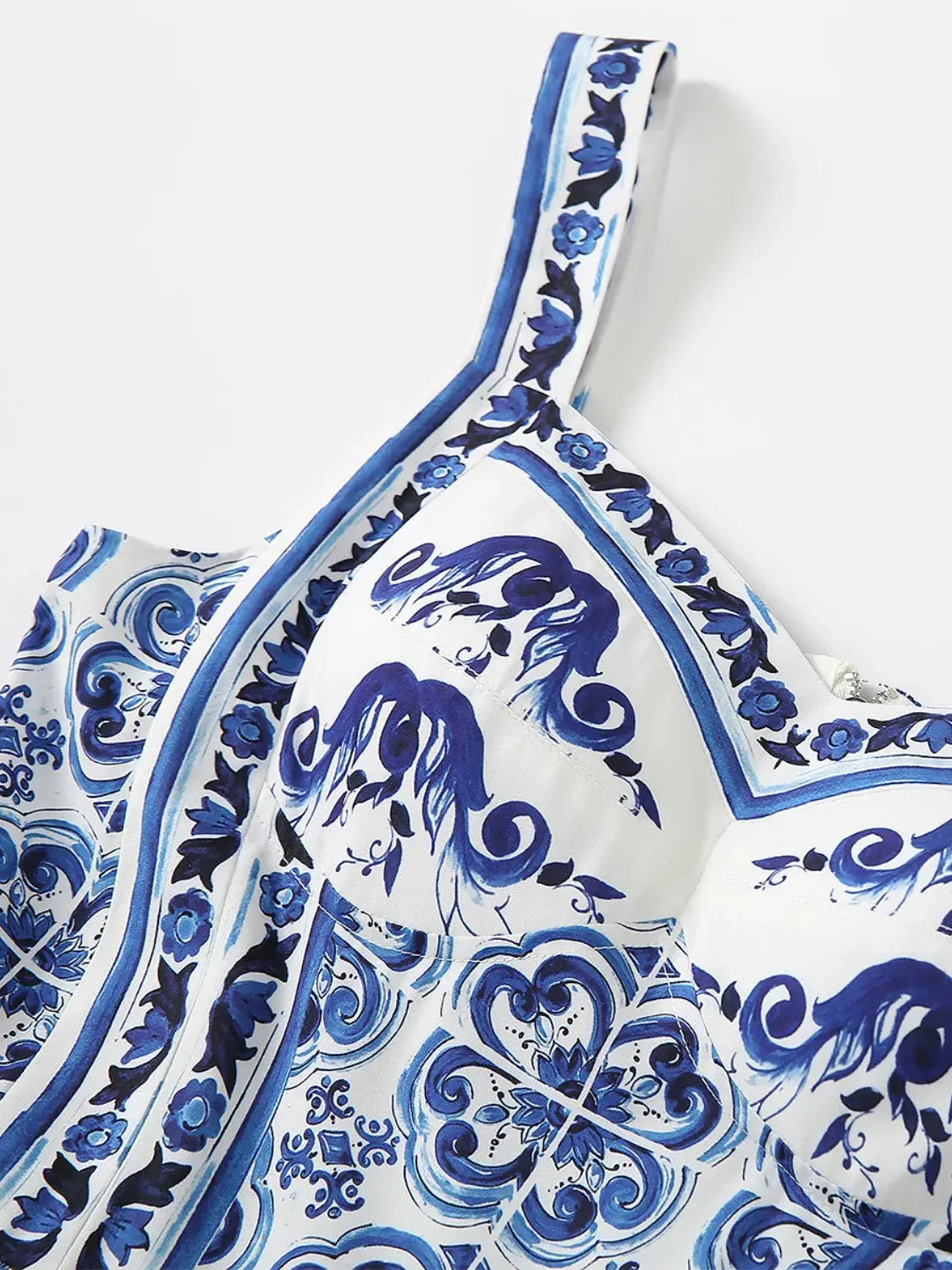 Smocked Blue Tile Print Wide Strap Midi Dress