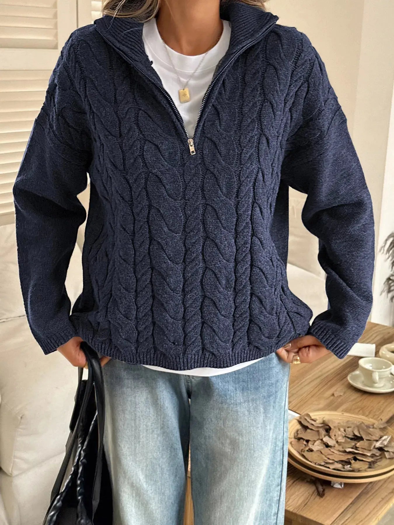 Zip Collar Cable Knit Sweater