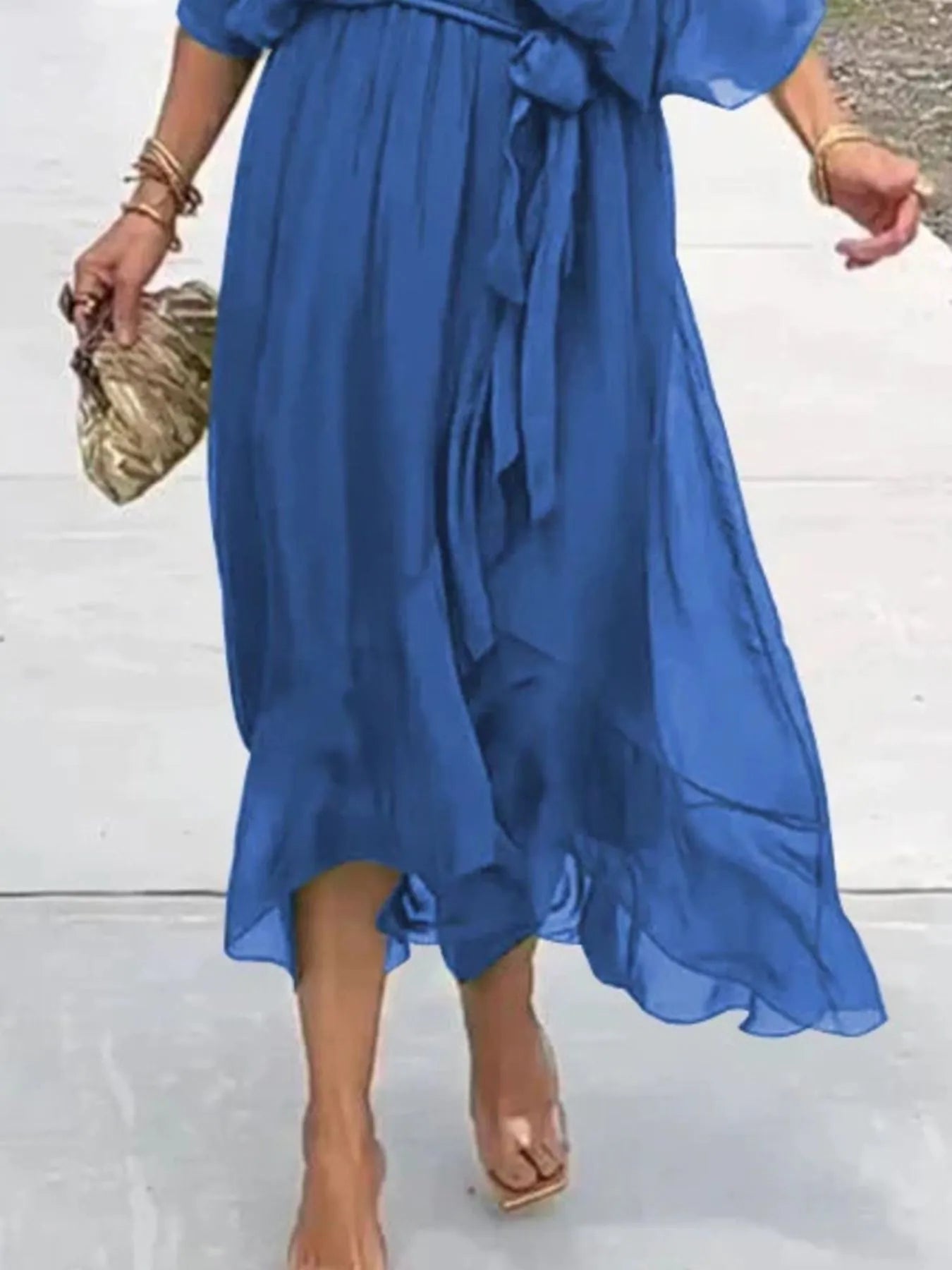 Flowy Tie Front Midi Dress with Flutter Sleeves