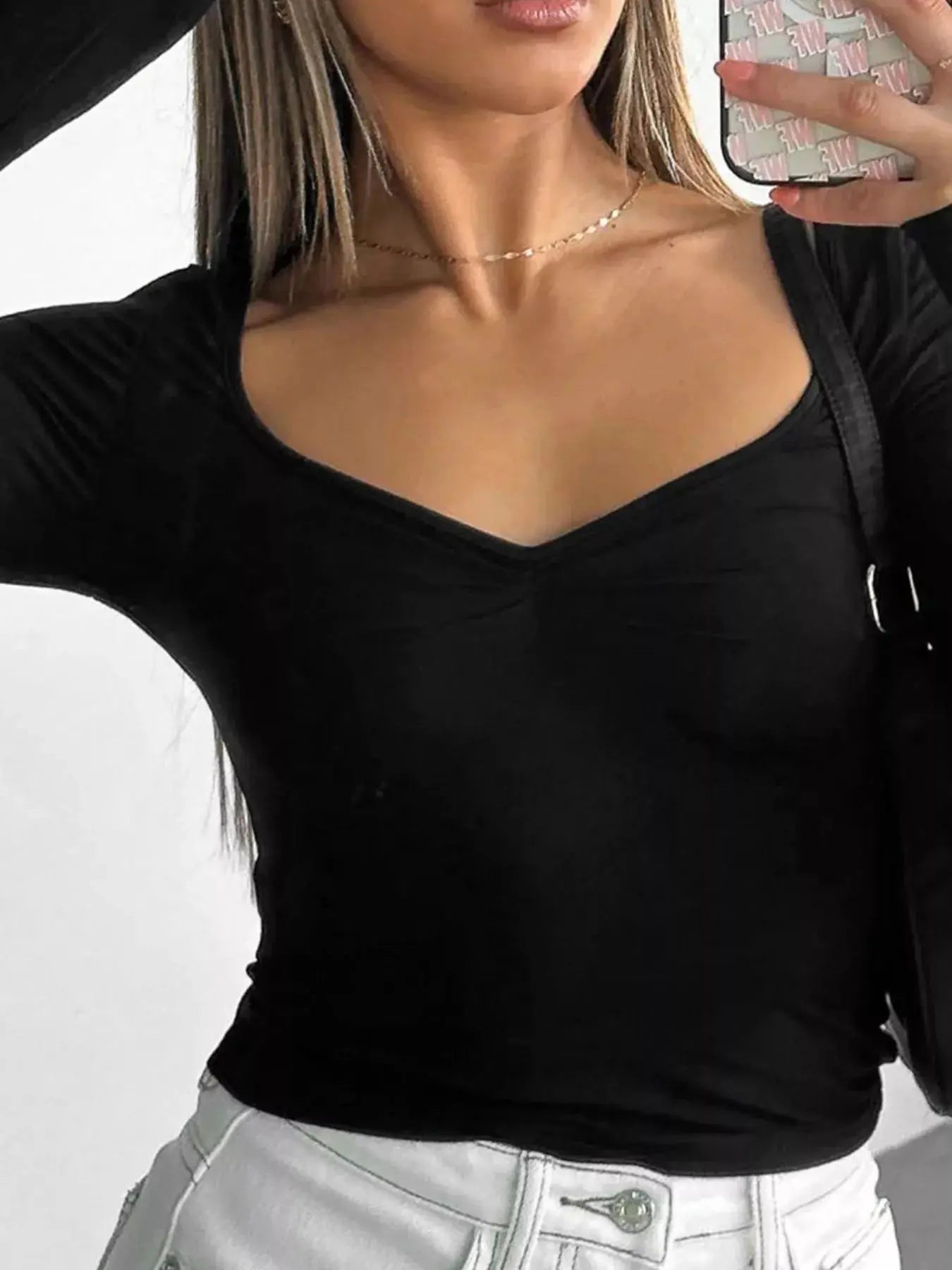 Sweetheart Neck Long Sleeve Crop T Shirt