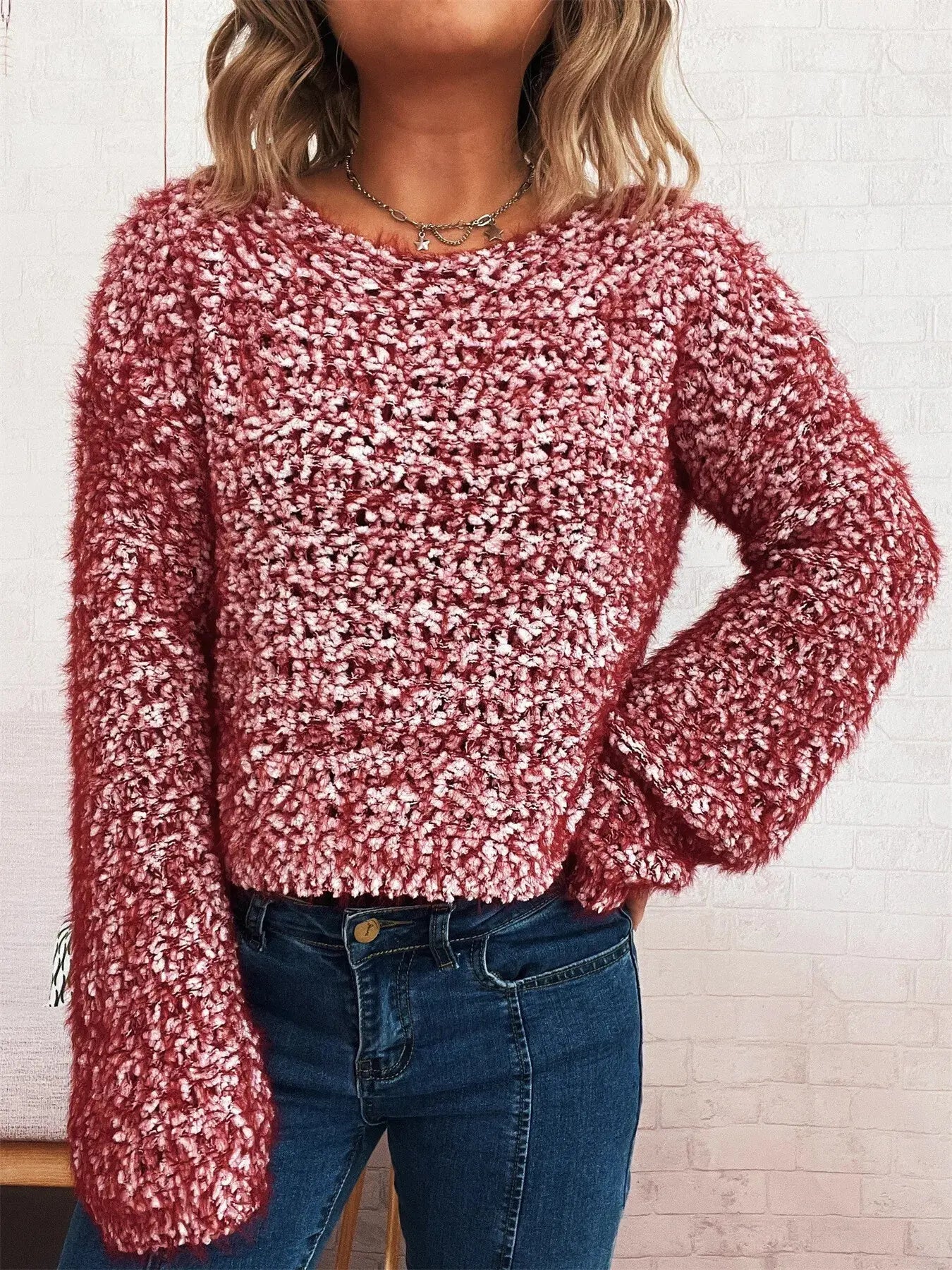 Crochet Dropped Shoulder Round Neck Sweater