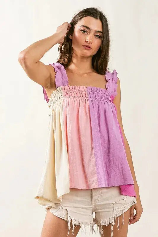 Tank Top Women's Top - Color Block Bodice & Frill Straps - Tank Cami