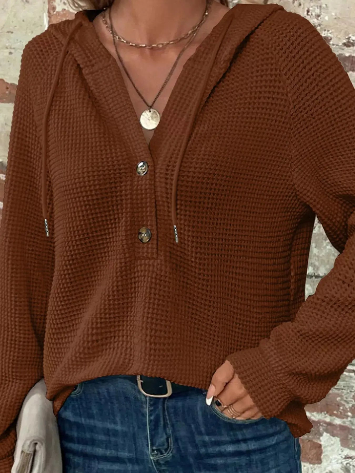 Casual Button Detail Waffle Knit Hoodie