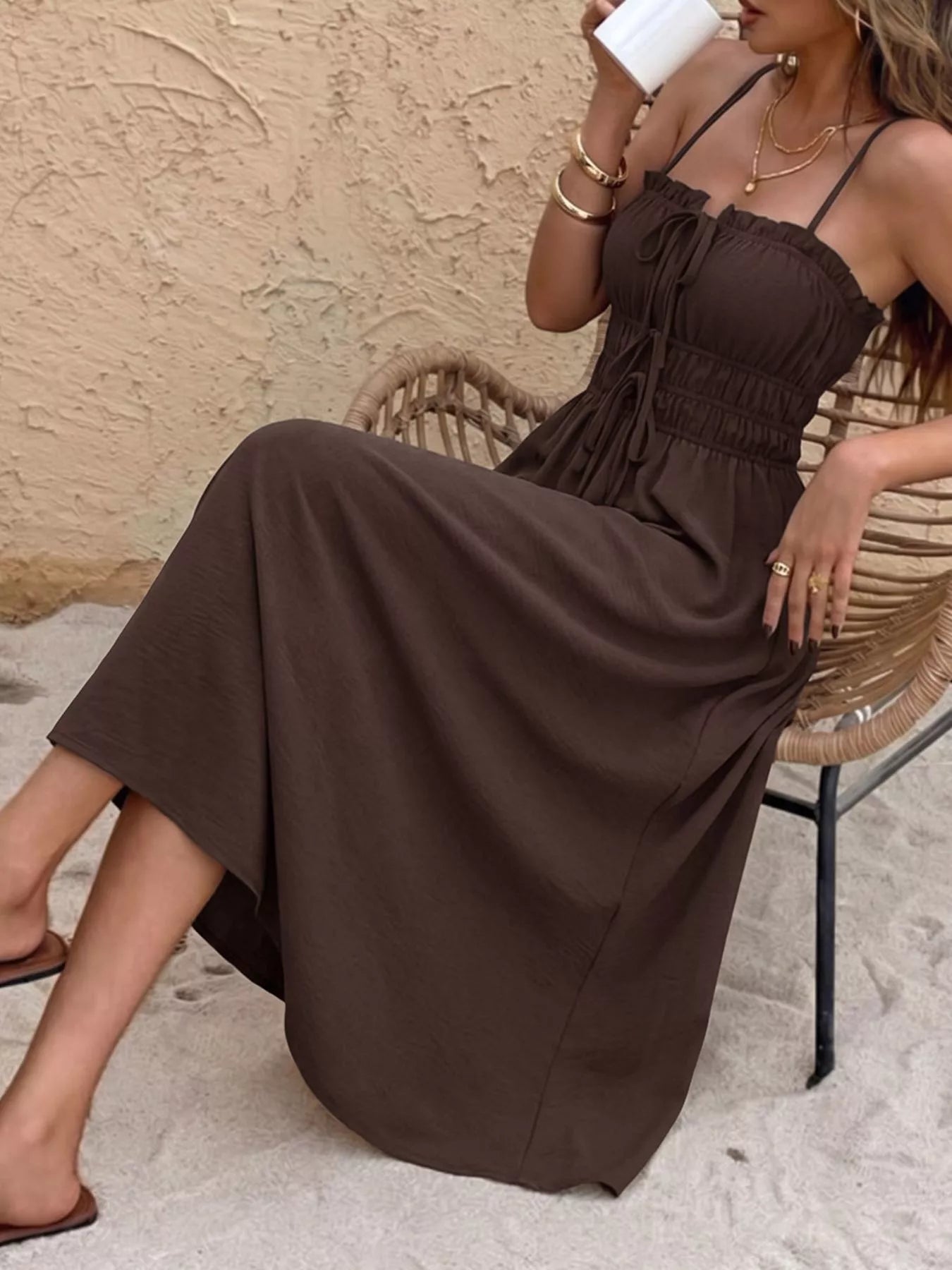 Tie-Front Brown A Line Dress