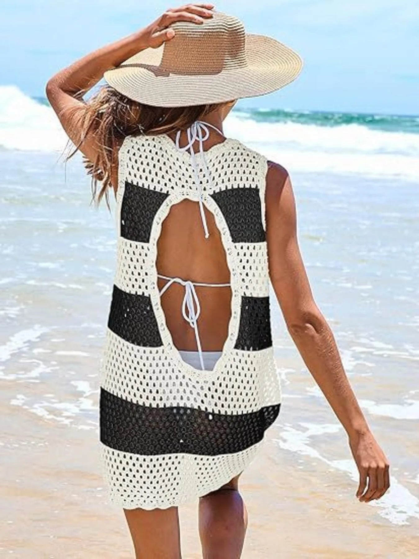 Color Block Openwork Cutout Back Sleeveless Cover Up