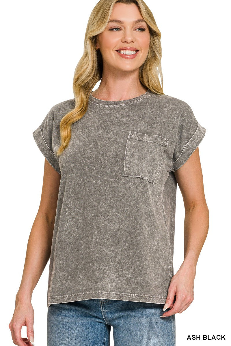 Zenana Halo Snow Washed Cuffed Short Sleeve Shirt