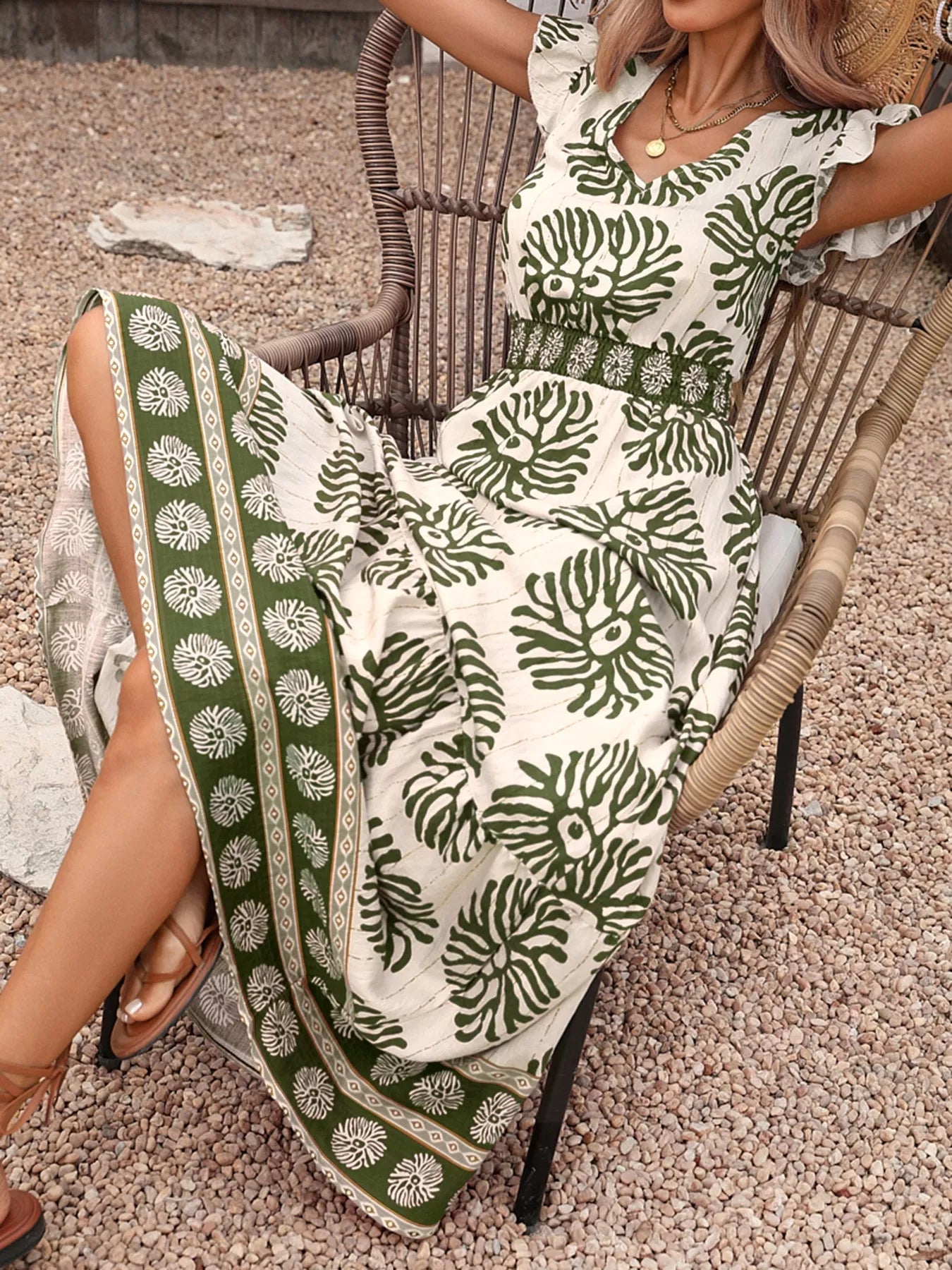 Printed V Neck Cap Sleeve Maxi Dress