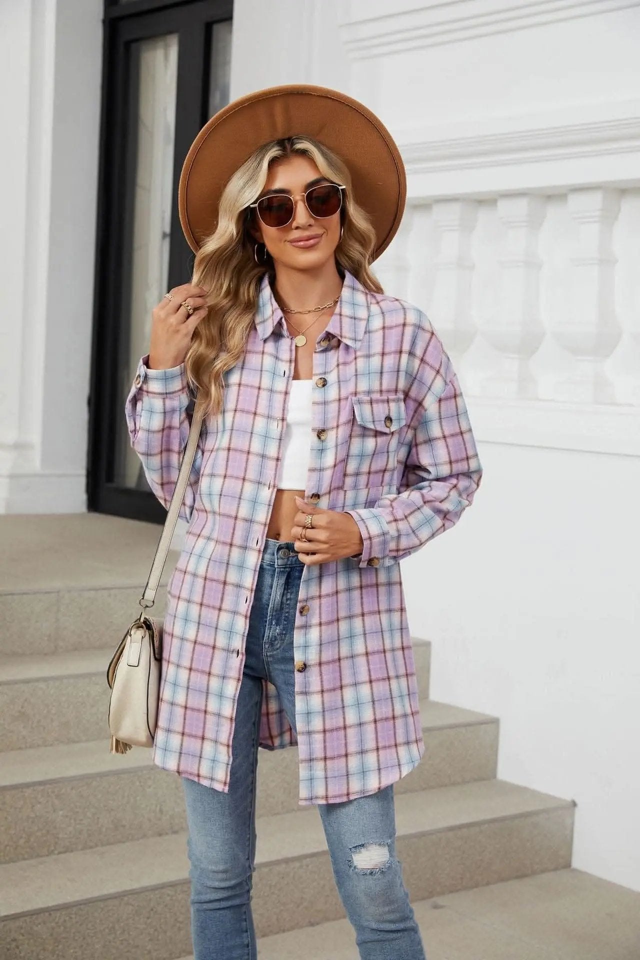 Trendsi Plaid Collared Shirt Long Sleeve — Casual Dusty Pink