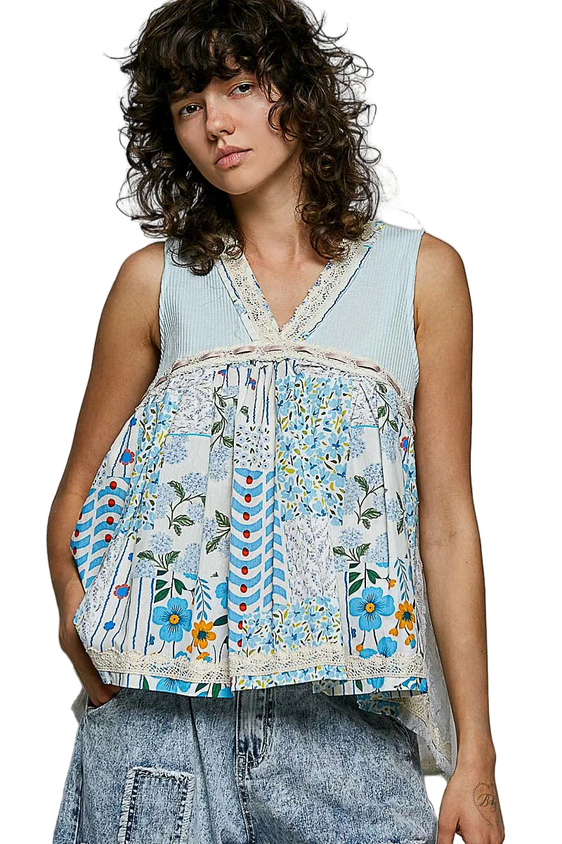 POL Light Blue Floral V-Neck Sheer Tank with Lace Trim