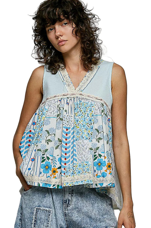 POL Light Blue Floral V-Neck Sheer Tank with Lace Trim