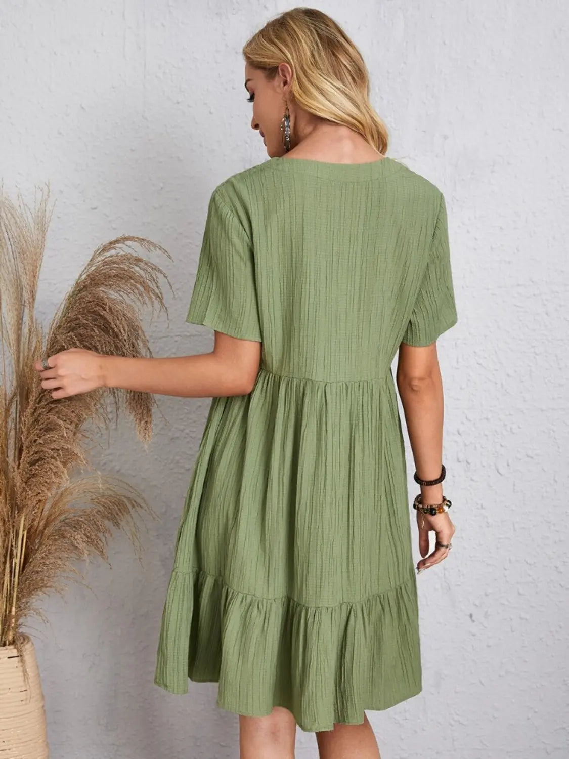 Boho Textured V-Neck Short Sleeve Babydoll Dress