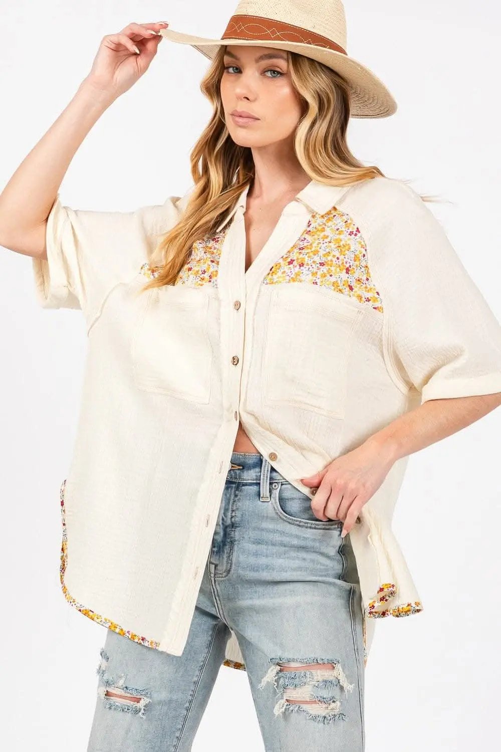 Pants Trendsi Floral Button Up Women's Casual Shirt - Short Sleeve, Lightweight