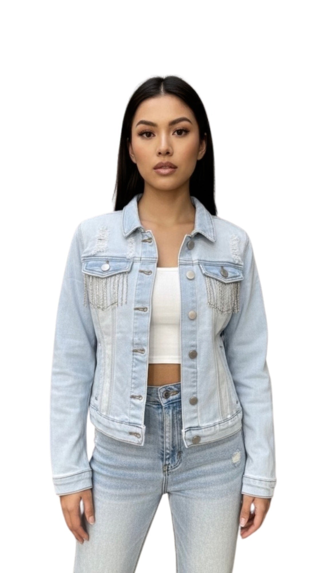 Distressed Jean Jacket With Rhinestone Fringe