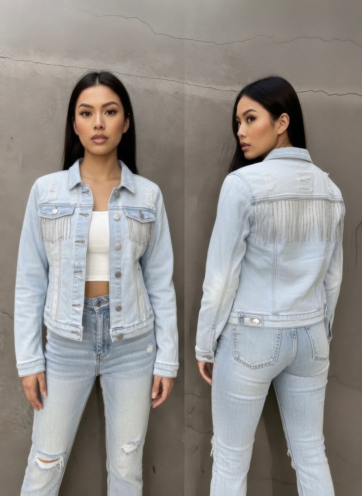 Distressed Jean Jacket With Rhinestone Fringe