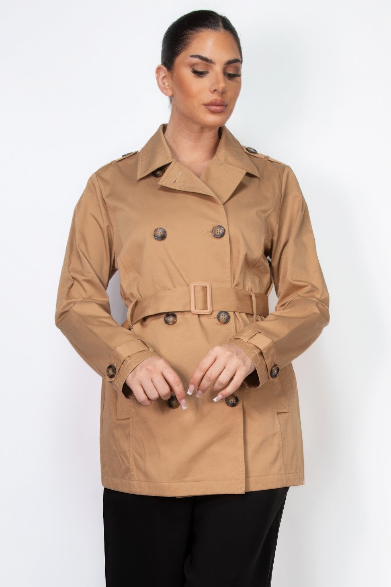 Size Small Beige Double-breasted Notch Belted Coat