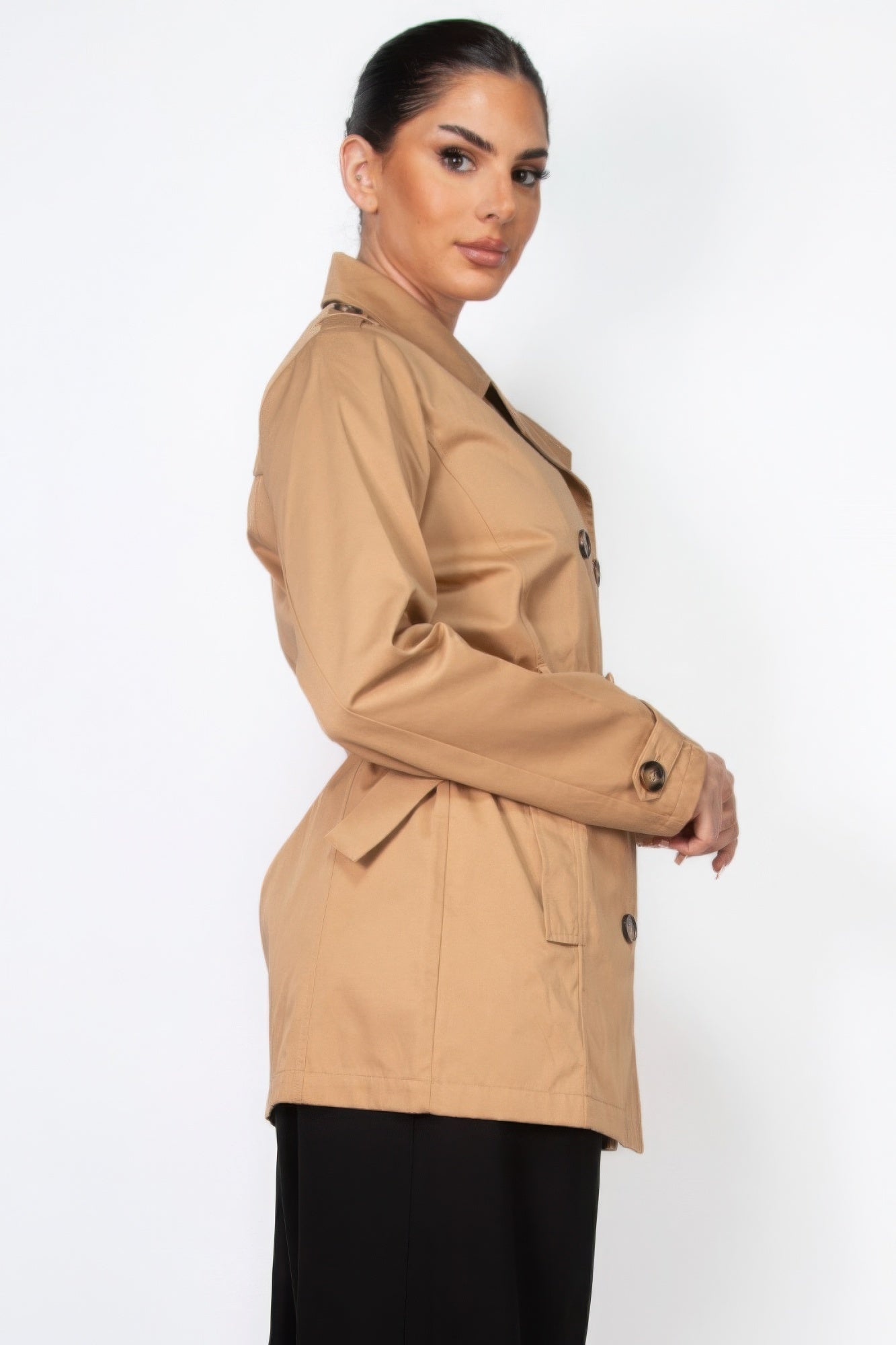 Size Small Beige Double-breasted Notch Belted Coat