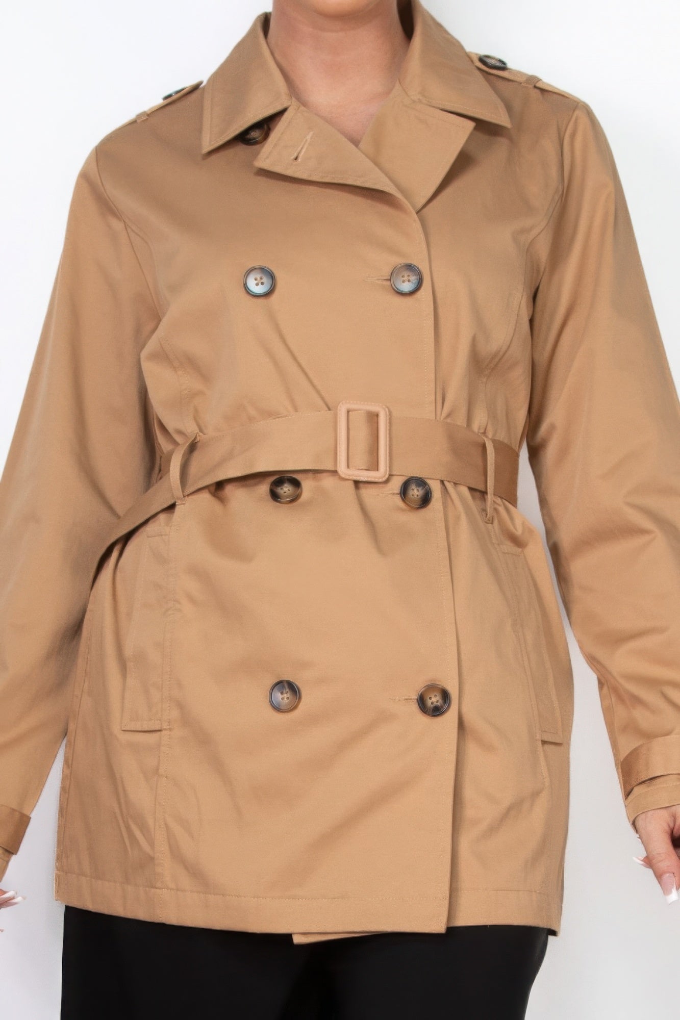 Size Small Beige Double-breasted Notch Belted Coat