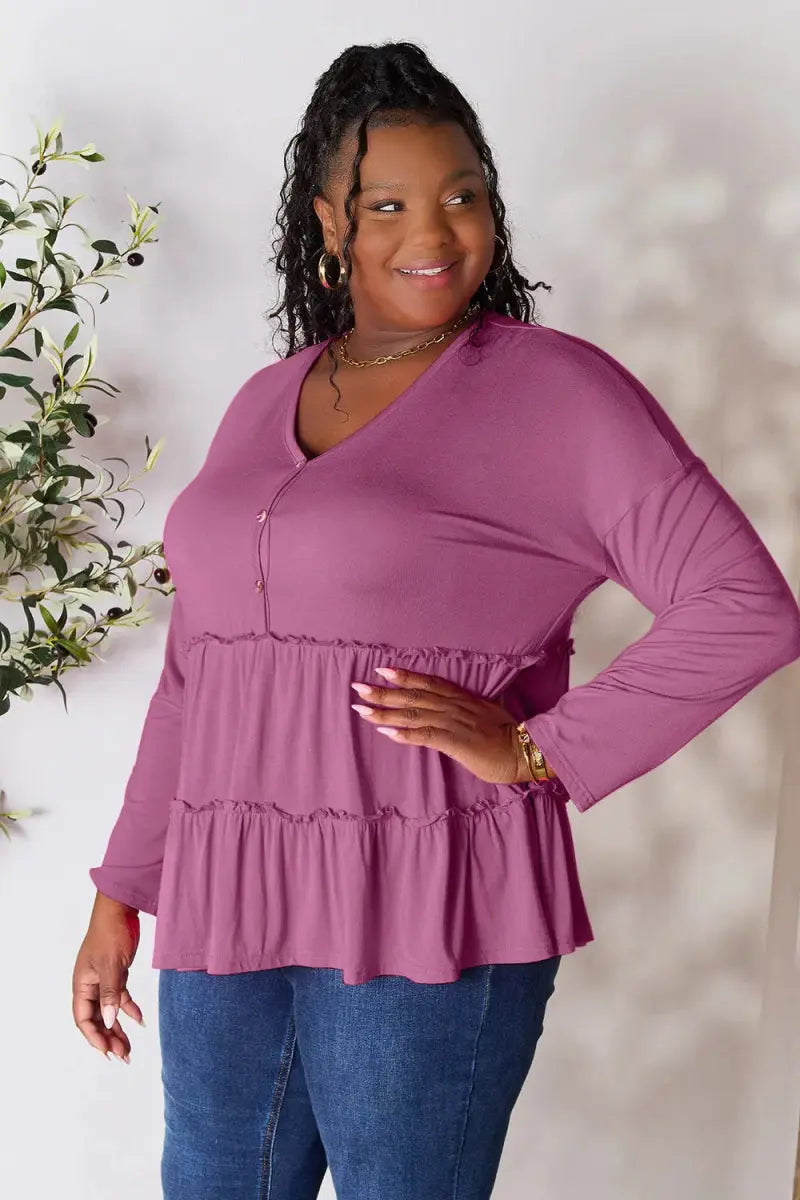 Women's Blouse Blouse - Ruffle Hem Half Button - Long Sleeve Top