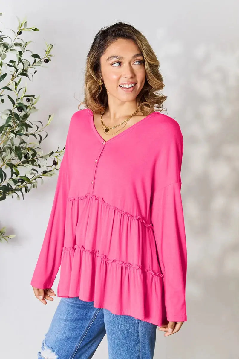 Women's Blouse Blouse - Ruffle Hem Half Button - Long Sleeve Top