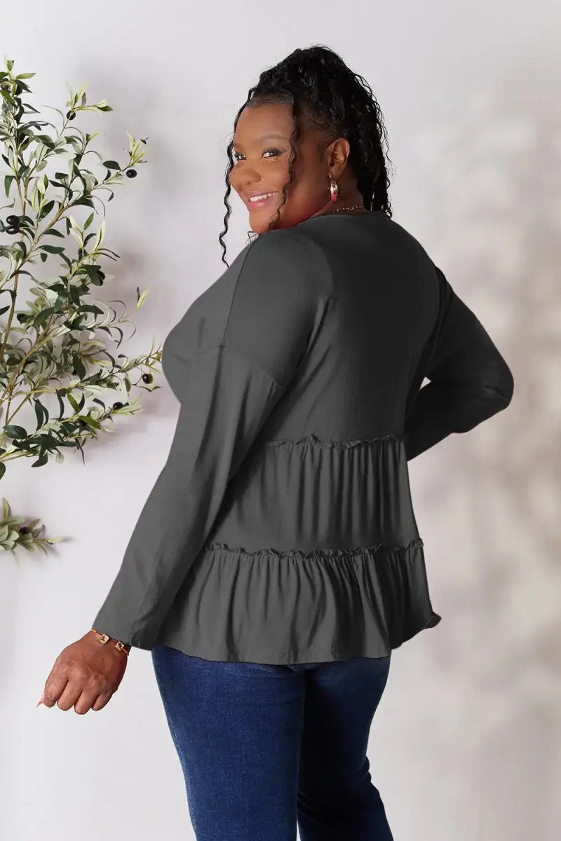 Women's Blouse Blouse - Ruffle Hem Half Button - Long Sleeve Top