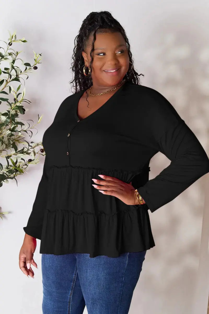 Women's Blouse Blouse - Ruffle Hem Half Button - Long Sleeve Top