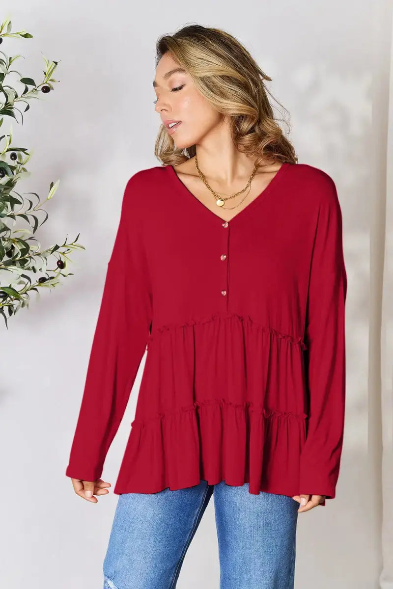 Women's Blouse Blouse - Ruffle Hem Half Button - Long Sleeve Top