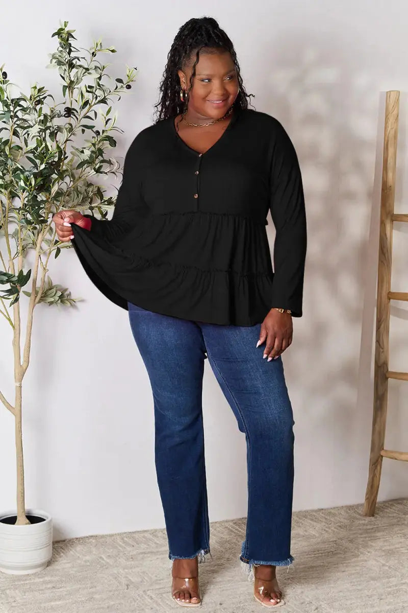 Women's Blouse Blouse - Ruffle Hem Half Button - Long Sleeve Top