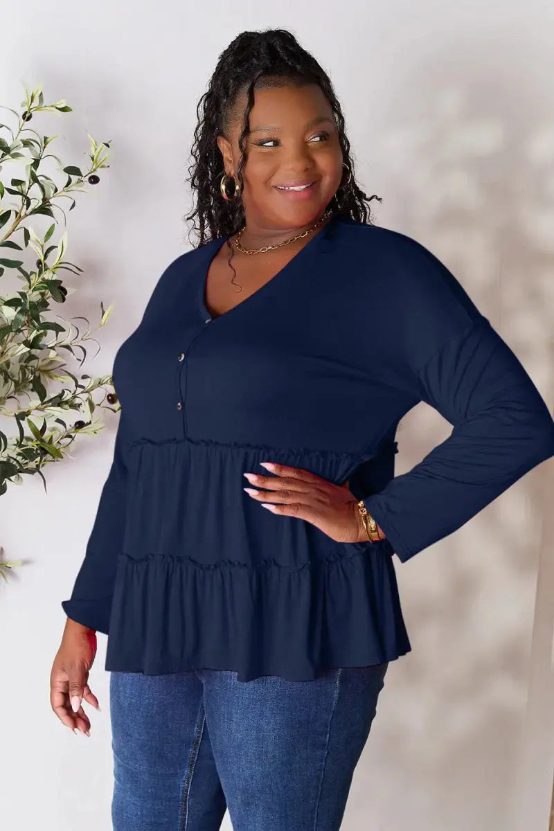 Women's Blouse Blouse - Ruffle Hem Half Button - Long Sleeve Top