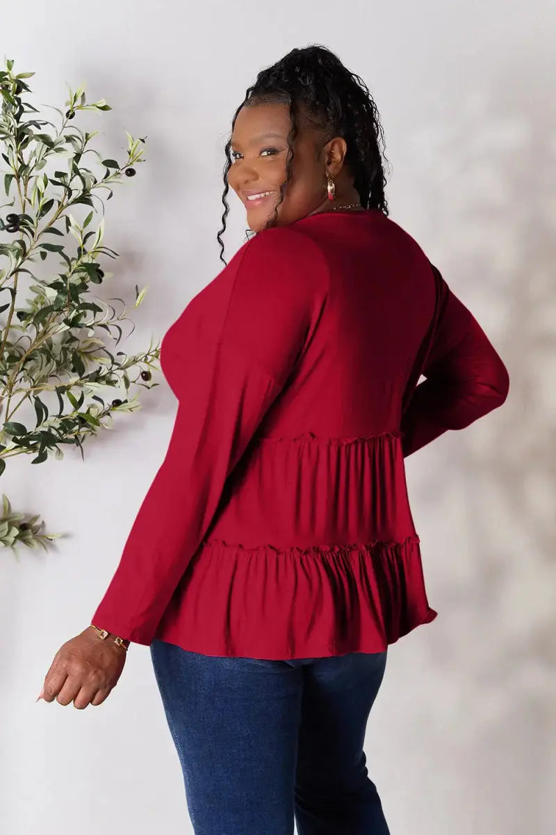 Women's Blouse Blouse - Ruffle Hem Half Button - Long Sleeve Top