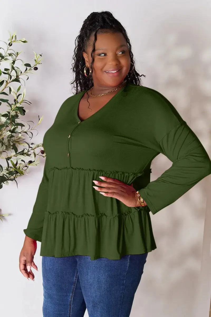 Women's Blouse Blouse - Ruffle Hem Half Button - Long Sleeve Top