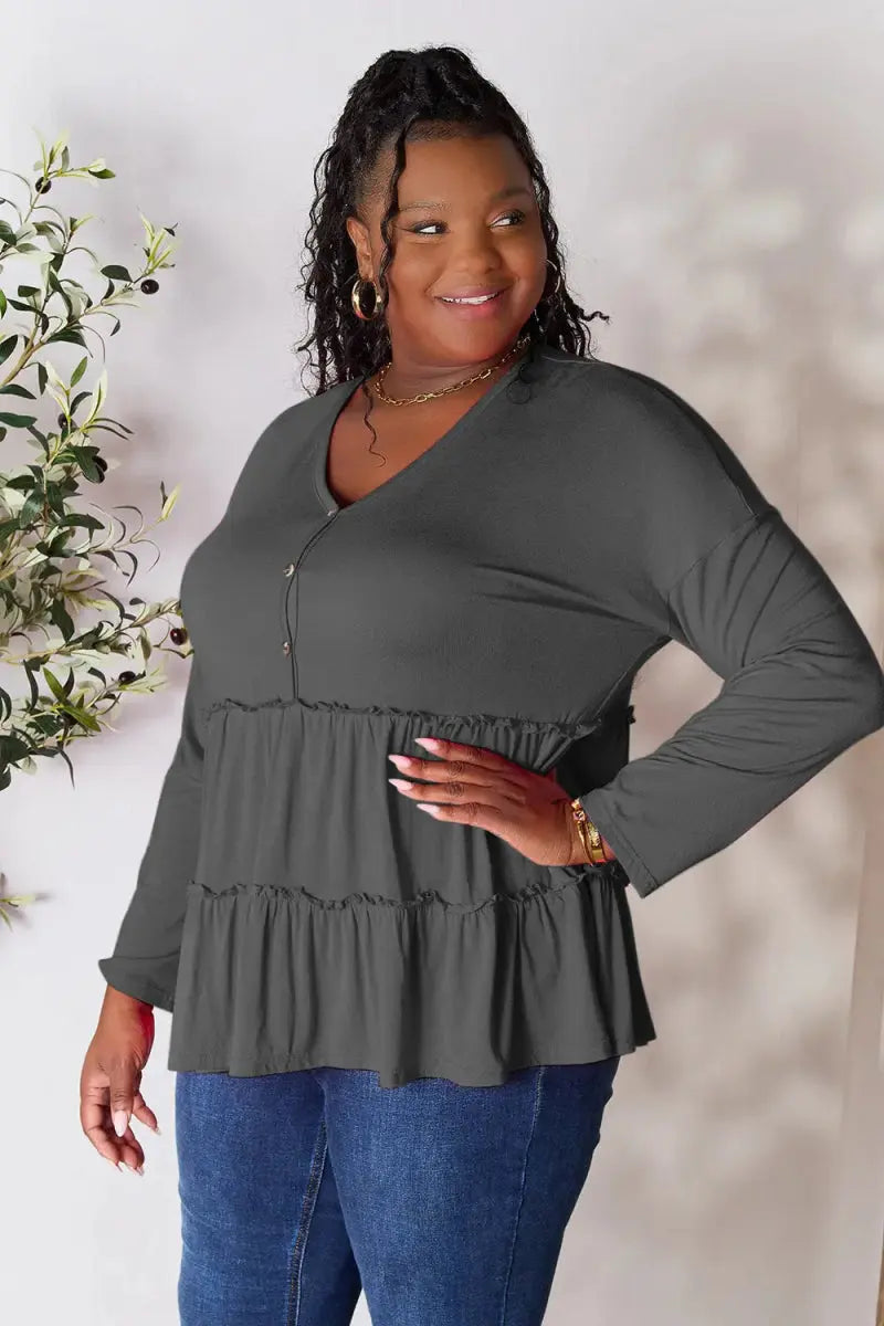 Women's Blouse Blouse - Ruffle Hem Half Button - Long Sleeve Top