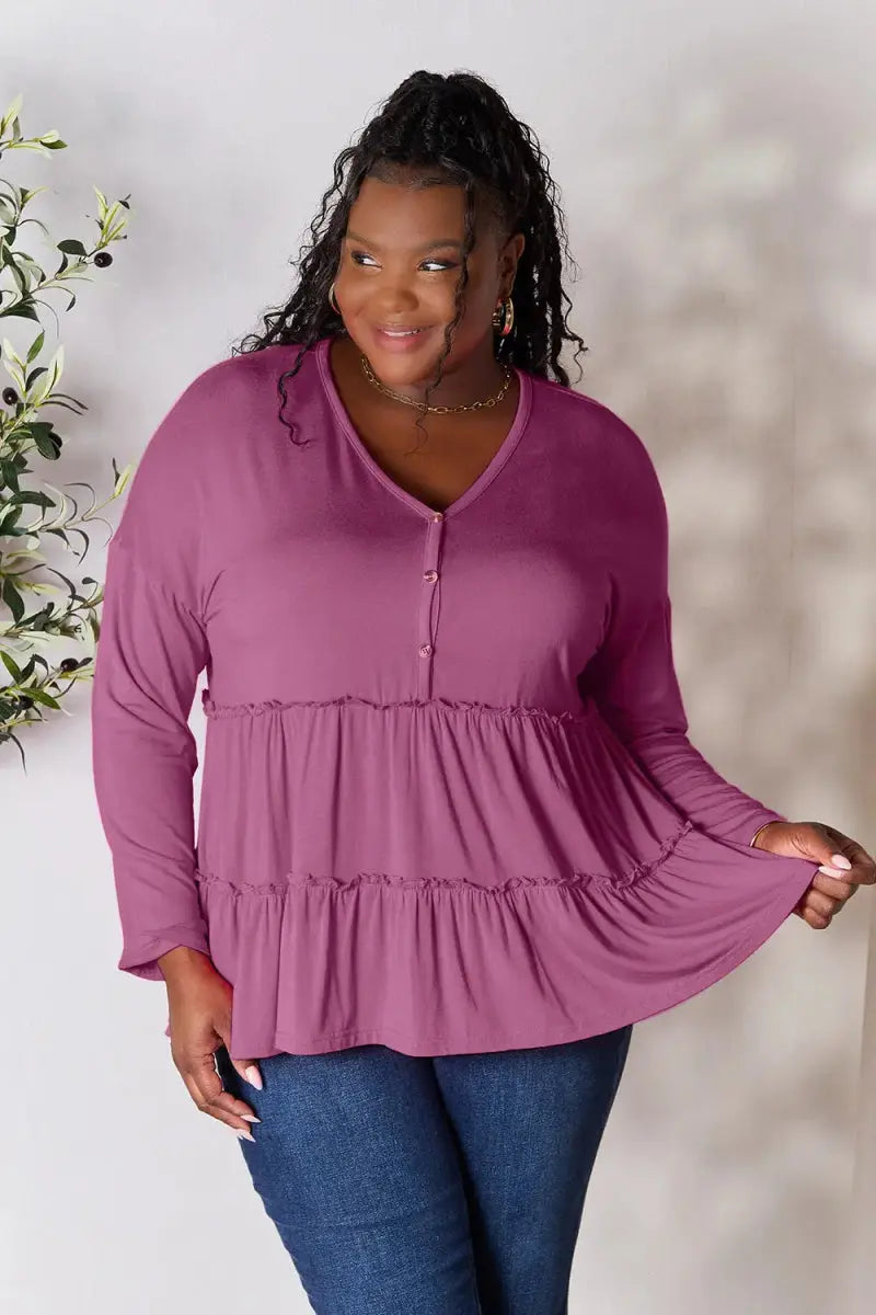 Women's Blouse Blouse - Ruffle Hem Half Button - Long Sleeve Top