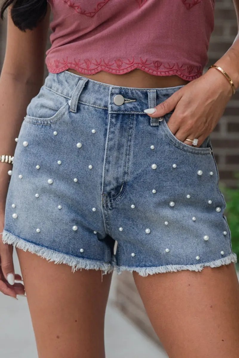 Love Salve Denim Shorts Beaded Women's Casual Summer Shorts Raw Hem, Pearl Detail