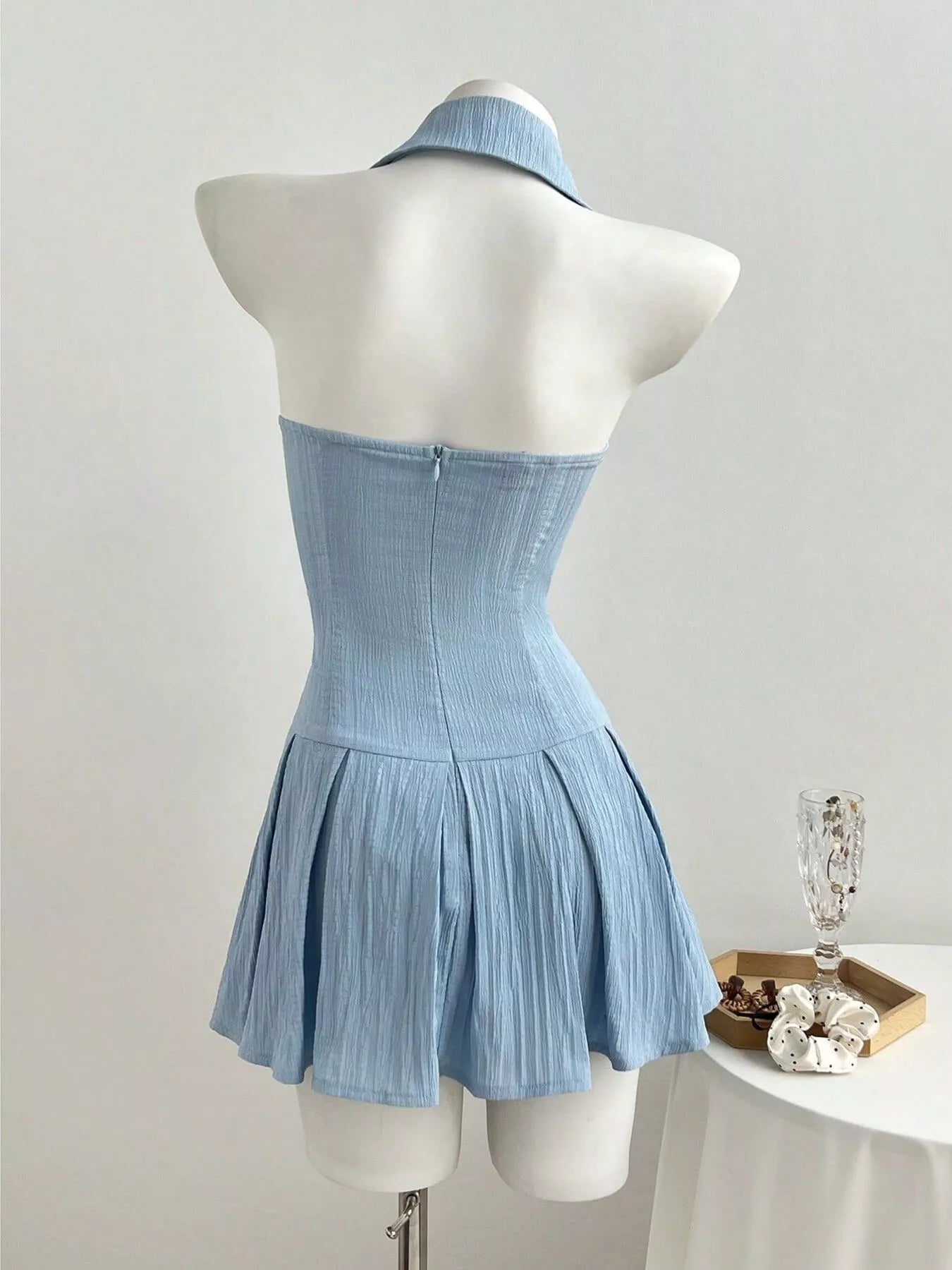 Blue Halter Neck Bow Tie Pleated Mini Dress