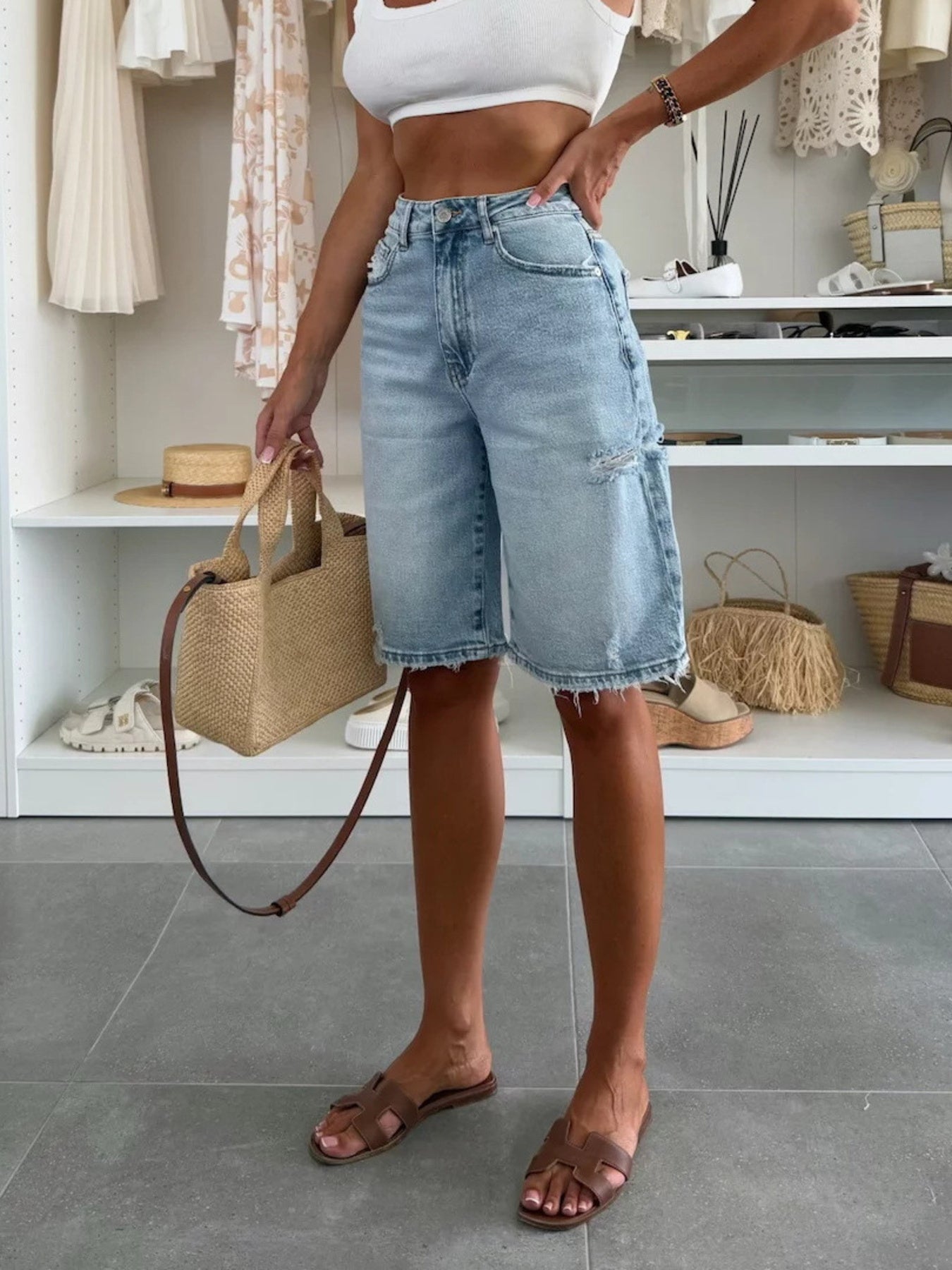 Distressed High-Waisted Blue Denim Shorts