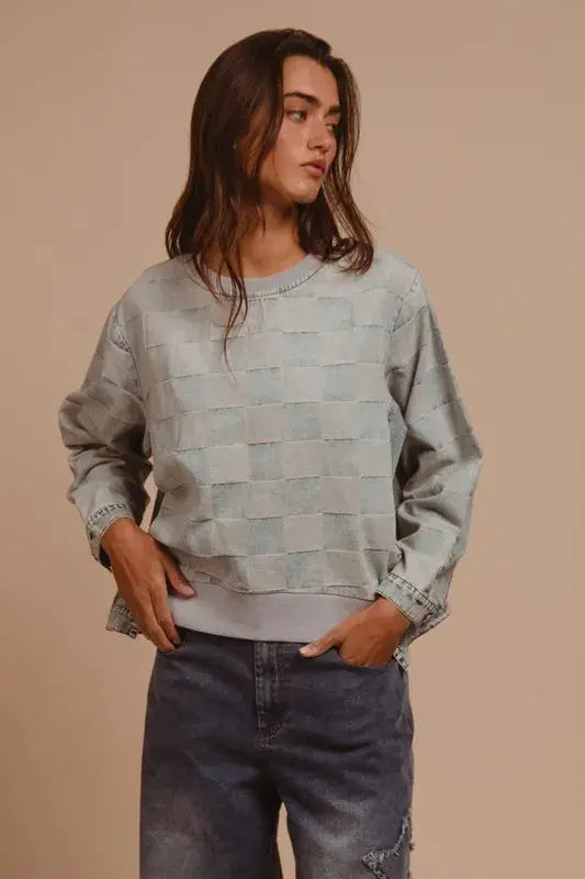 Women's Denim Top Denim Top - Mineral Washed Checkered - Casual Round Neck