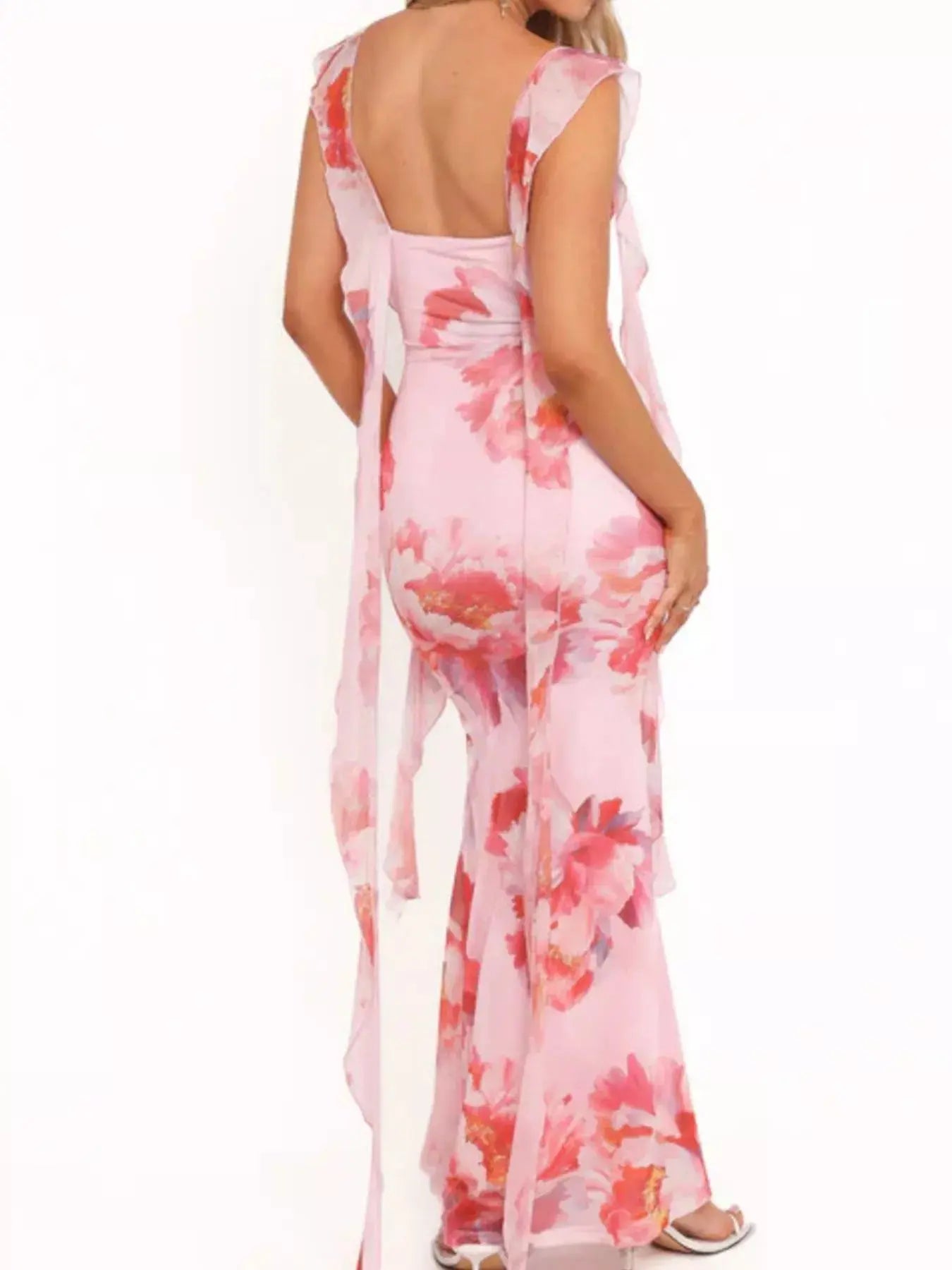 Floral Print Ruffle Trim Bodycon Maxi Dress
