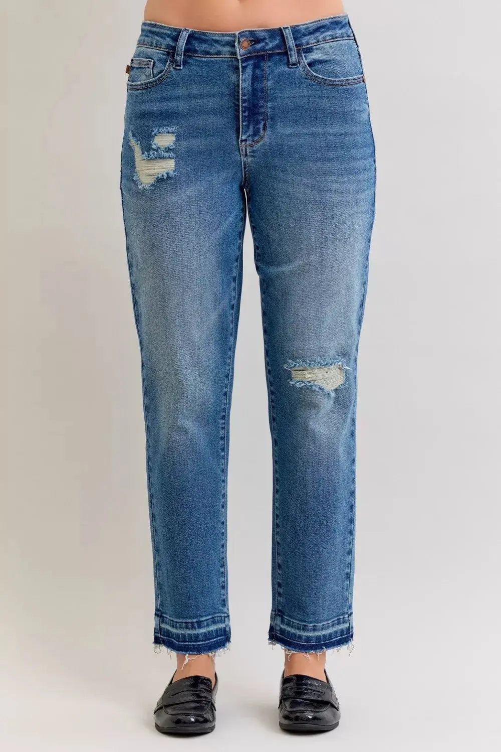 Judy Blue Jeans - Plus Size Mid Rise Boyfriend Destroy Jeans with Release Hem