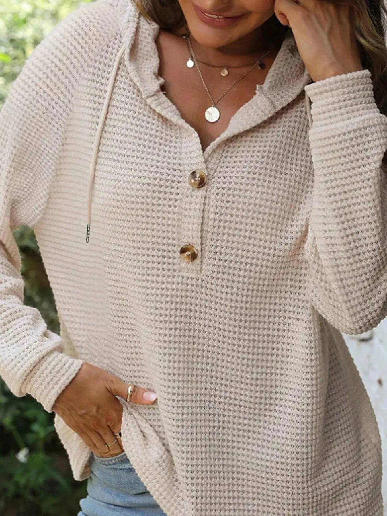 Casual Button Detail Waffle Knit Hoodie