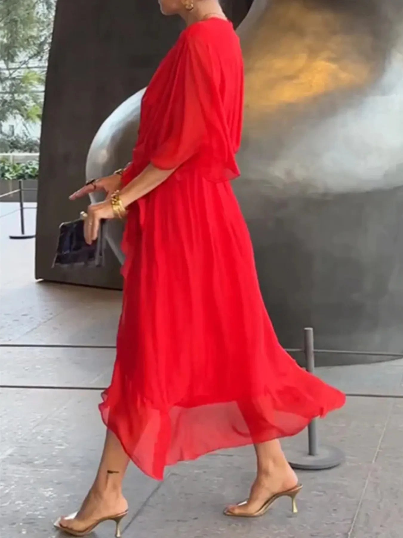 Flowy Tie Front Midi Dress with Flutter Sleeves