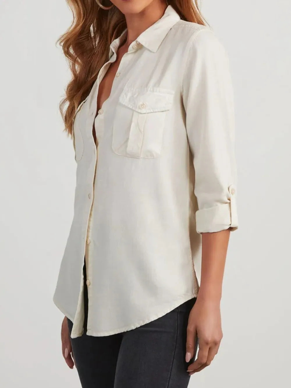 Collared Neck Roll-Tab Sleeve Womens Denim Shirt