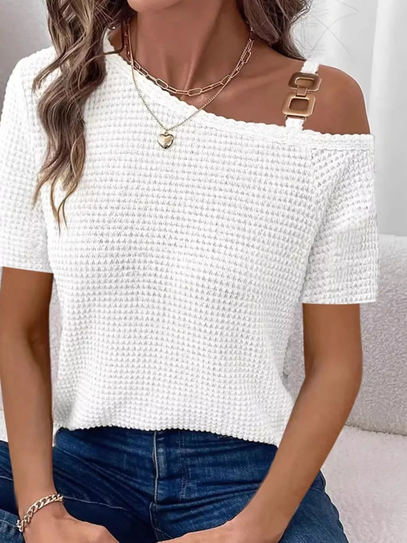Chain Detail Waffle Knit One Shoulder T Shirt