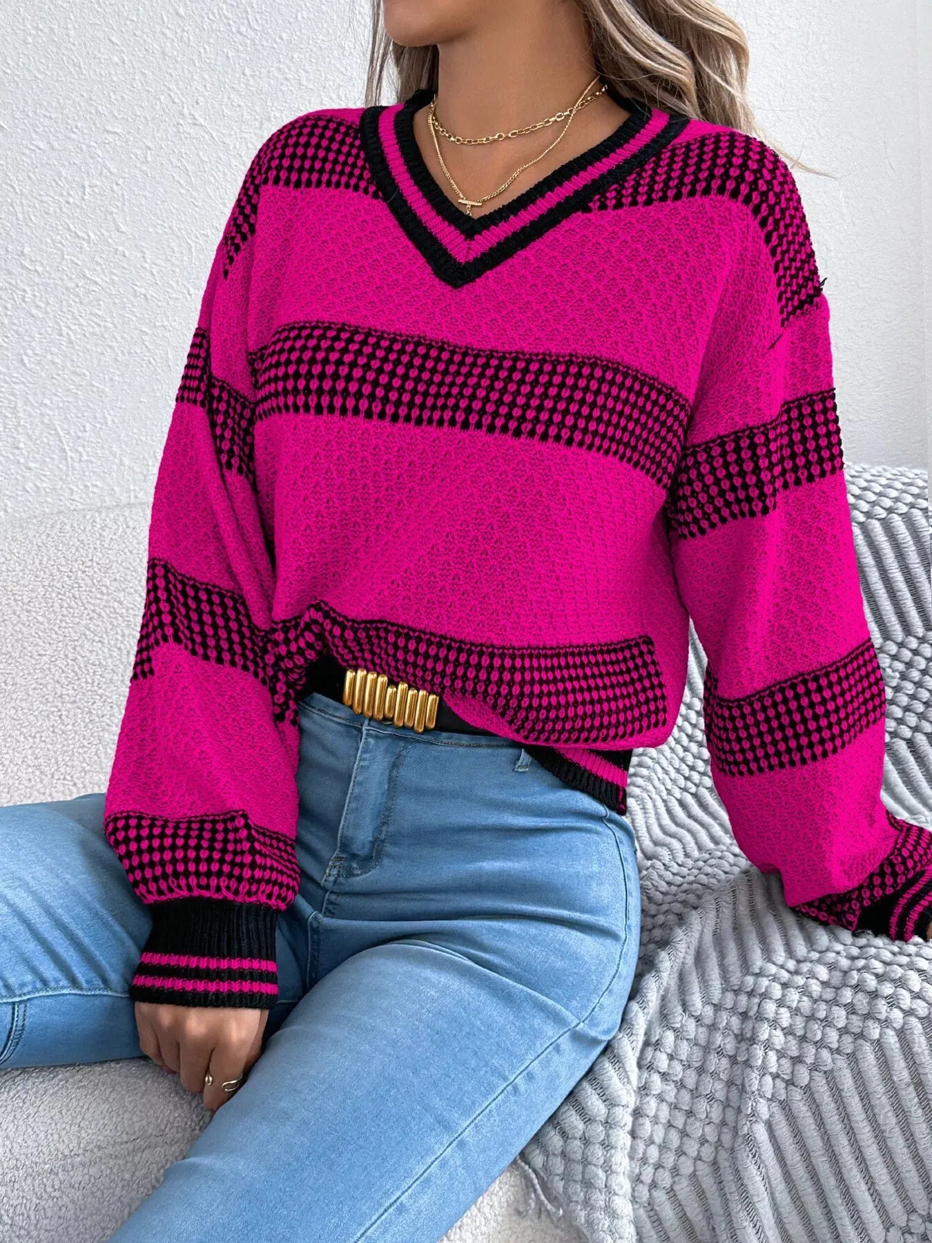 Contrast Striped V Neck Sweater
