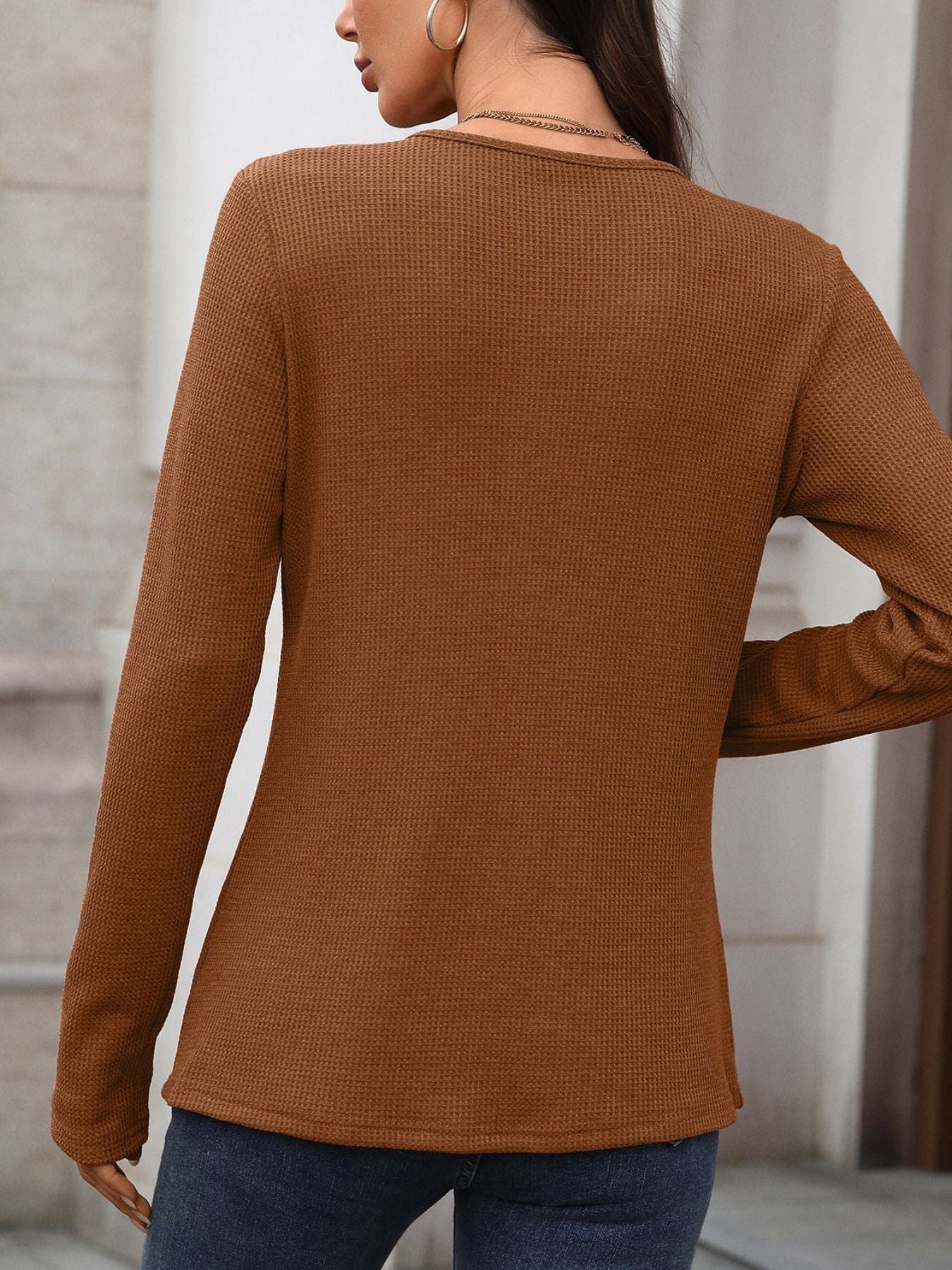 Women's Waffle Knit Long Sleeve Button Henley T Shirt