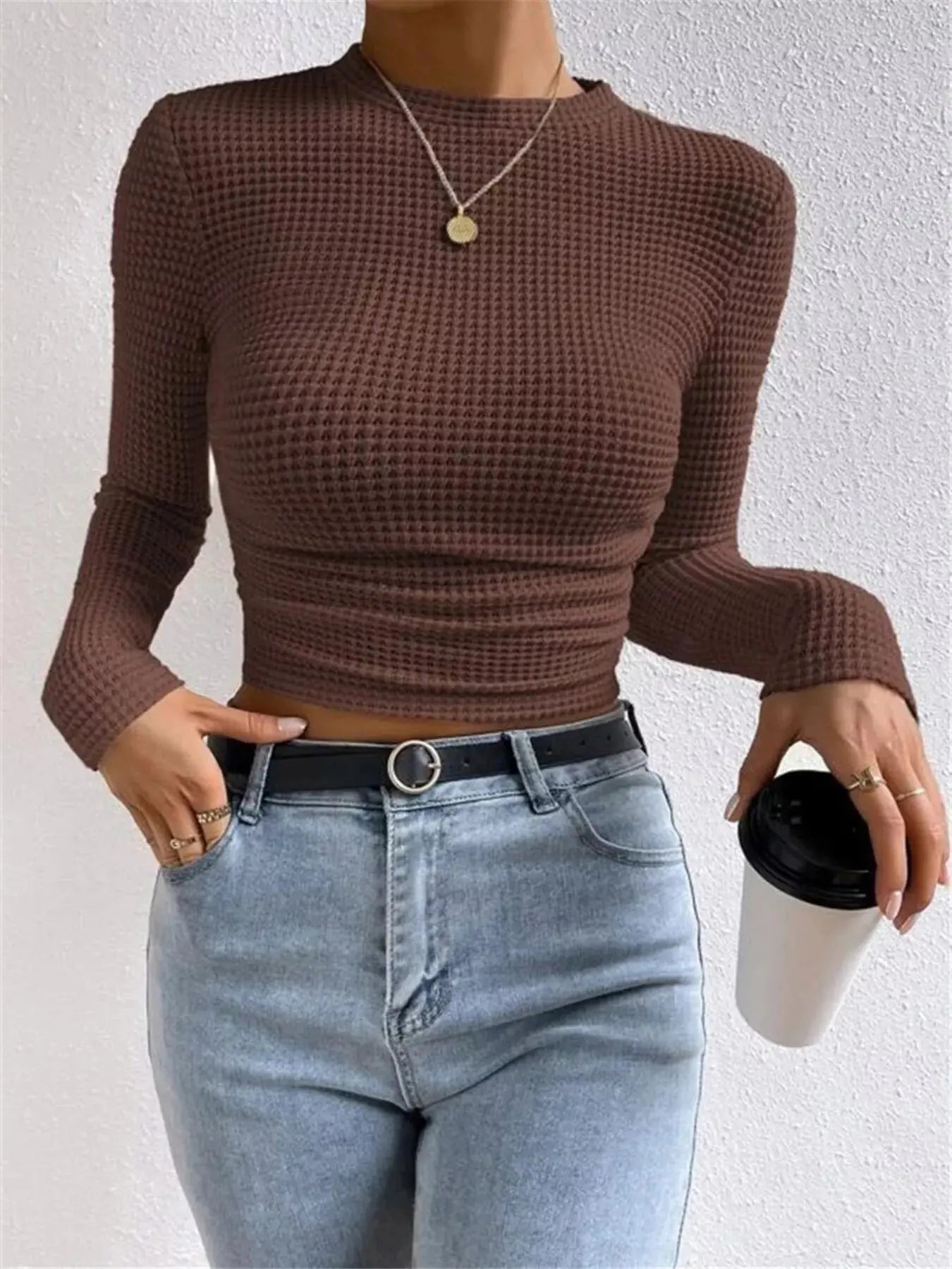 Waffle Knit Long Sleeve T Shirt