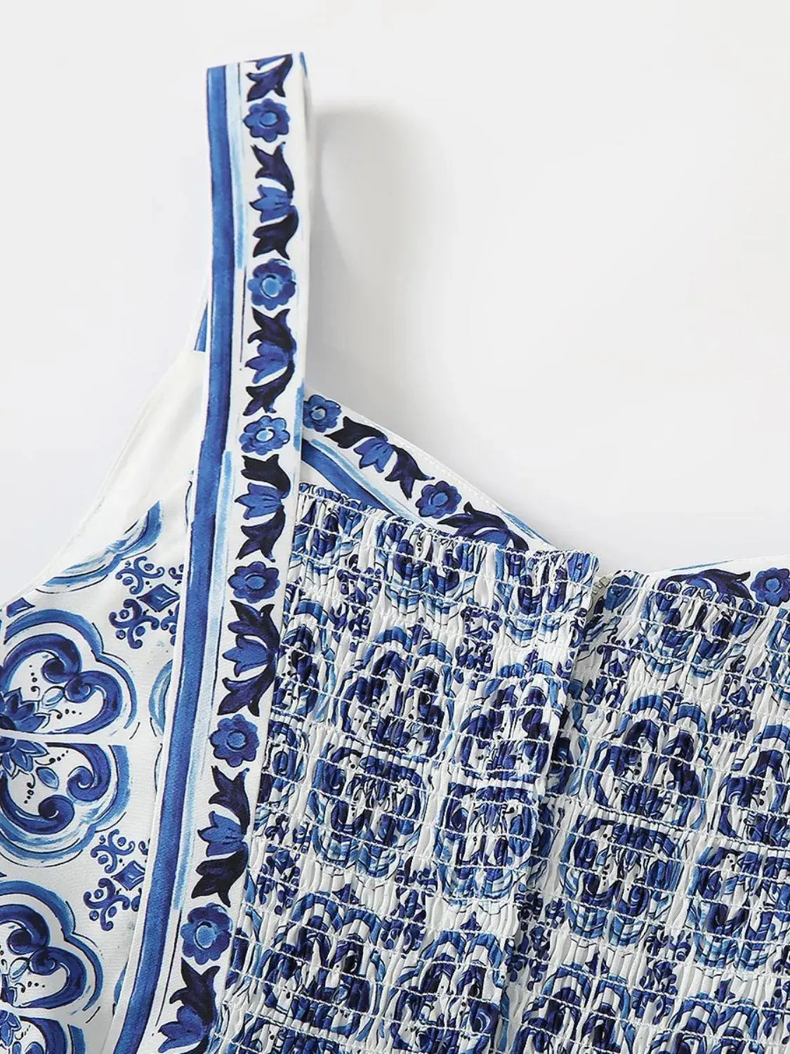 Smocked Blue Tile Print Wide Strap Midi Dress