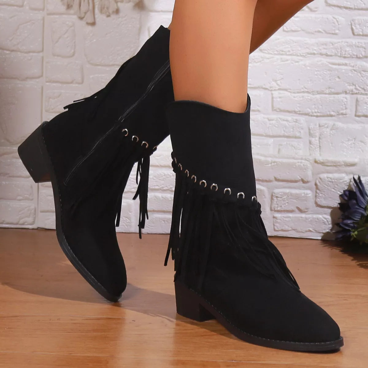 Fringe Western Block Heel Boots